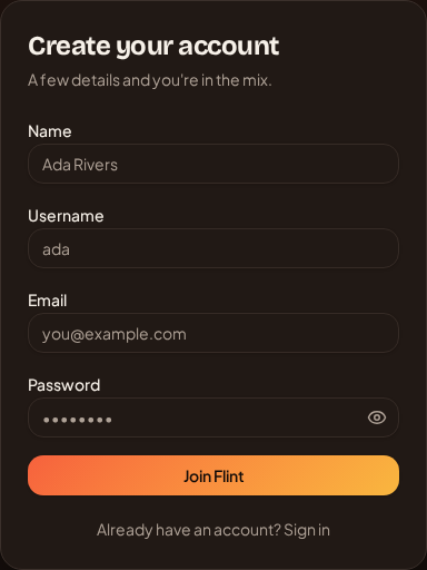 Actual Flint create your account screen